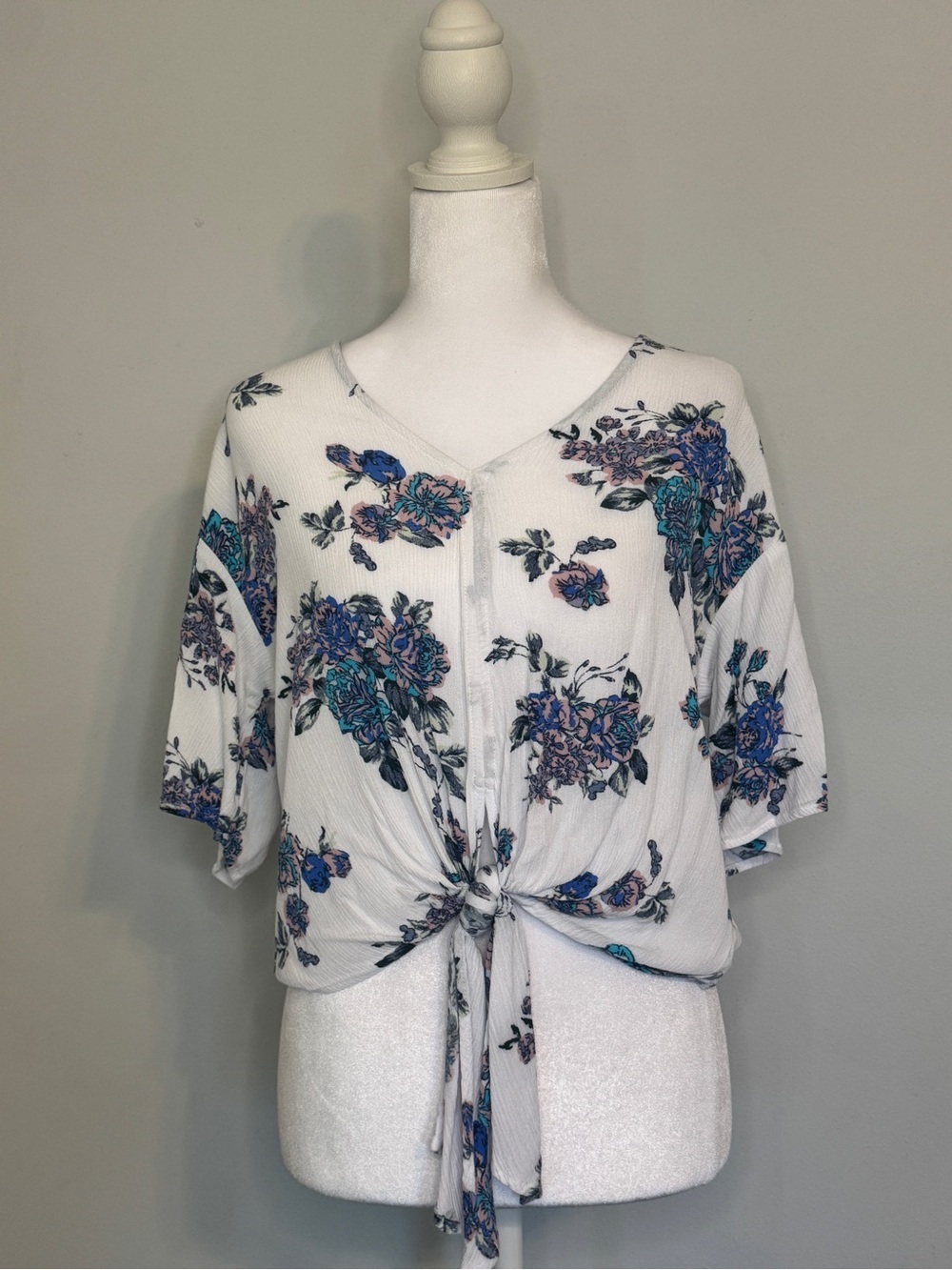 LUQ Floral Tie-Front Blouse - White and Blue